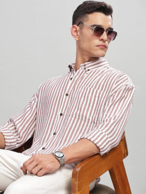 Men Relaxed Fit Button-Down Collar Vertical Striped Casual Shirt