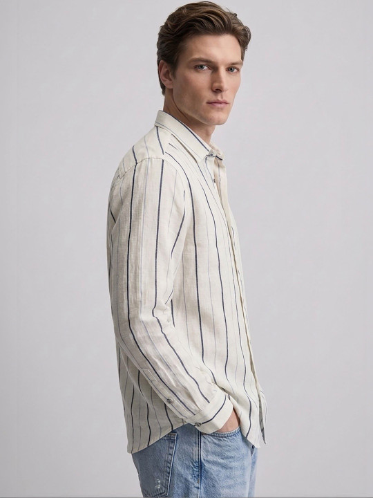 Men's White Vertical Stripe Casual Cotton Linen Shirt - Full Sleeve Regular Fit - Image 2