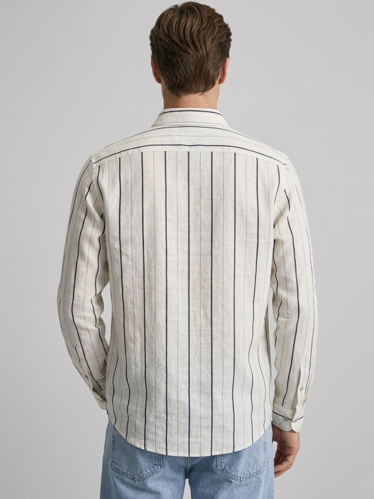 Men's White Vertical Stripe Casual Cotton Linen Shirt - Full Sleeve Regular Fit - Image 3