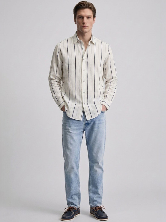 Men's White Vertical Stripe Casual Cotton Linen Shirt - Full Sleeve Regular Fit - Image 4