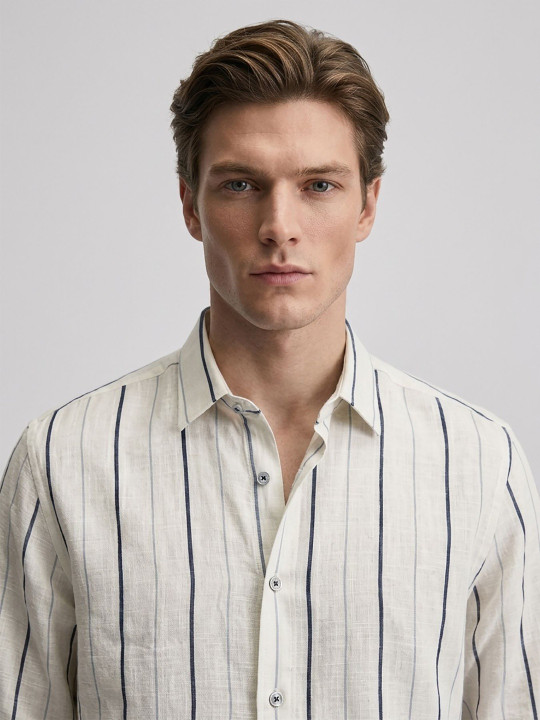 Men's White Vertical Stripe Casual Cotton Linen Shirt - Full Sleeve Regular Fit - Image 5