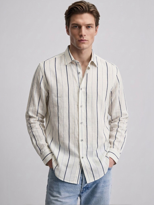 Men's White Vertical Stripe Casual Cotton Linen Shirt - Full Sleeve Regular Fit